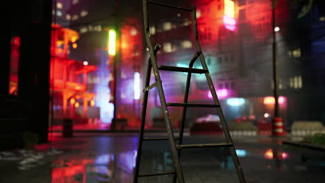 a rusty ladder standing in the middle of a neon-lit city street at night