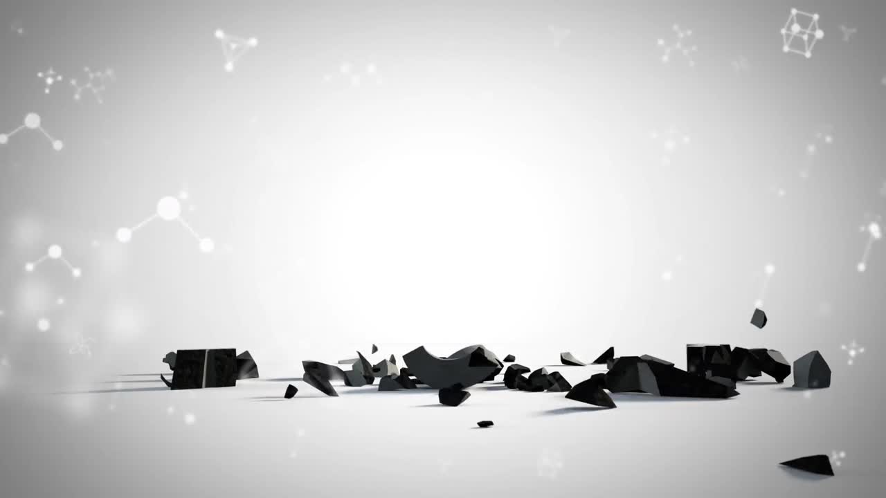 달러 통화 기호 위의 분자 구조가 회색 배경에 떨어지고 부서집니다.