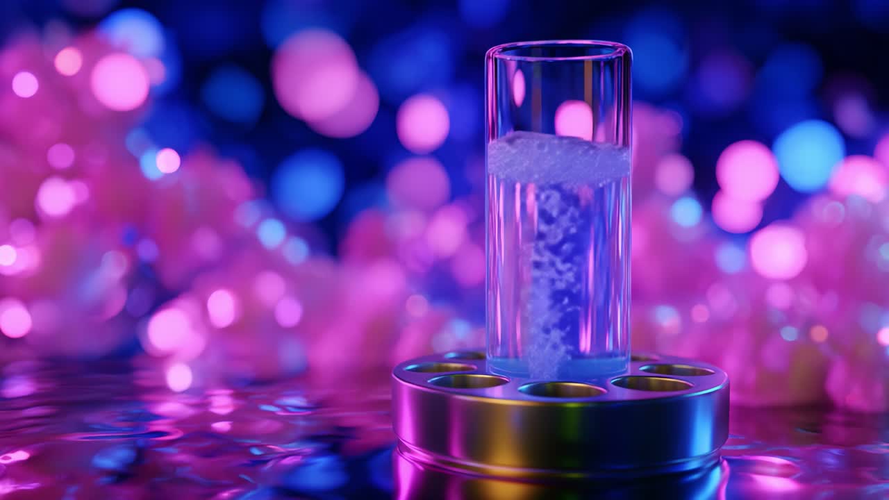A mesmerizing close-up of a transparent glass filled with effervescent liquid, placed on a reflective surface surrounded by vibrant glowing orbs, creating a captivating visual feast of colors and bubbles