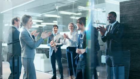 businesswoman got big promotion, walking path of success, his colleagues cheer and applaud. stylish diverse office filled with happy people.