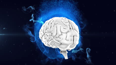 animation of spinning human brain over blue glowing digital waves against black background