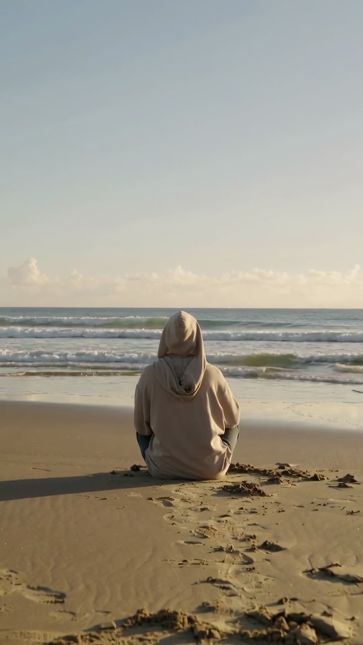 Vertical video: Footprints leading to hooded sweatshirt wearer sitting on shore watching surf