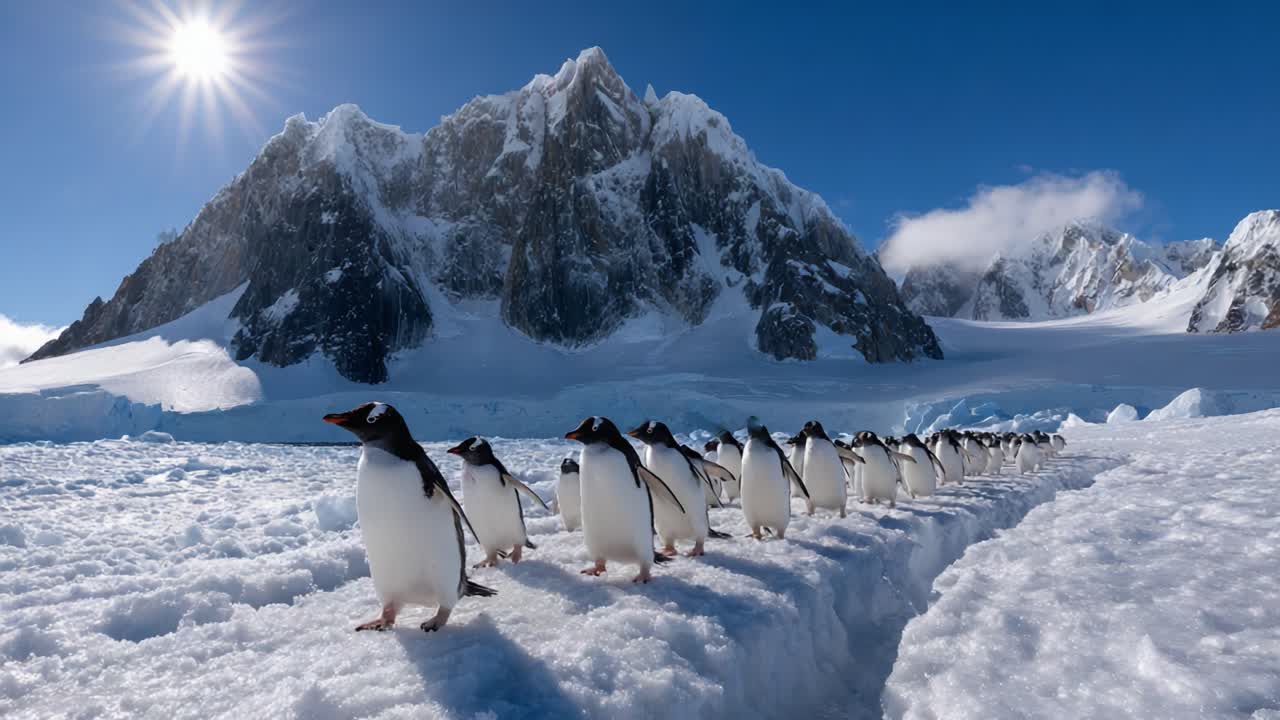 A captivating scene of a group of penguins marching across the icy landscape with towering mountains under a clear blue sky, showcasing the beauty of their natural habitat