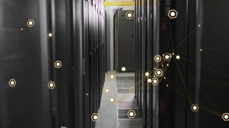 Camera moving down datacenter aisle, showing racks and cable, hex nodes forming right showing flow