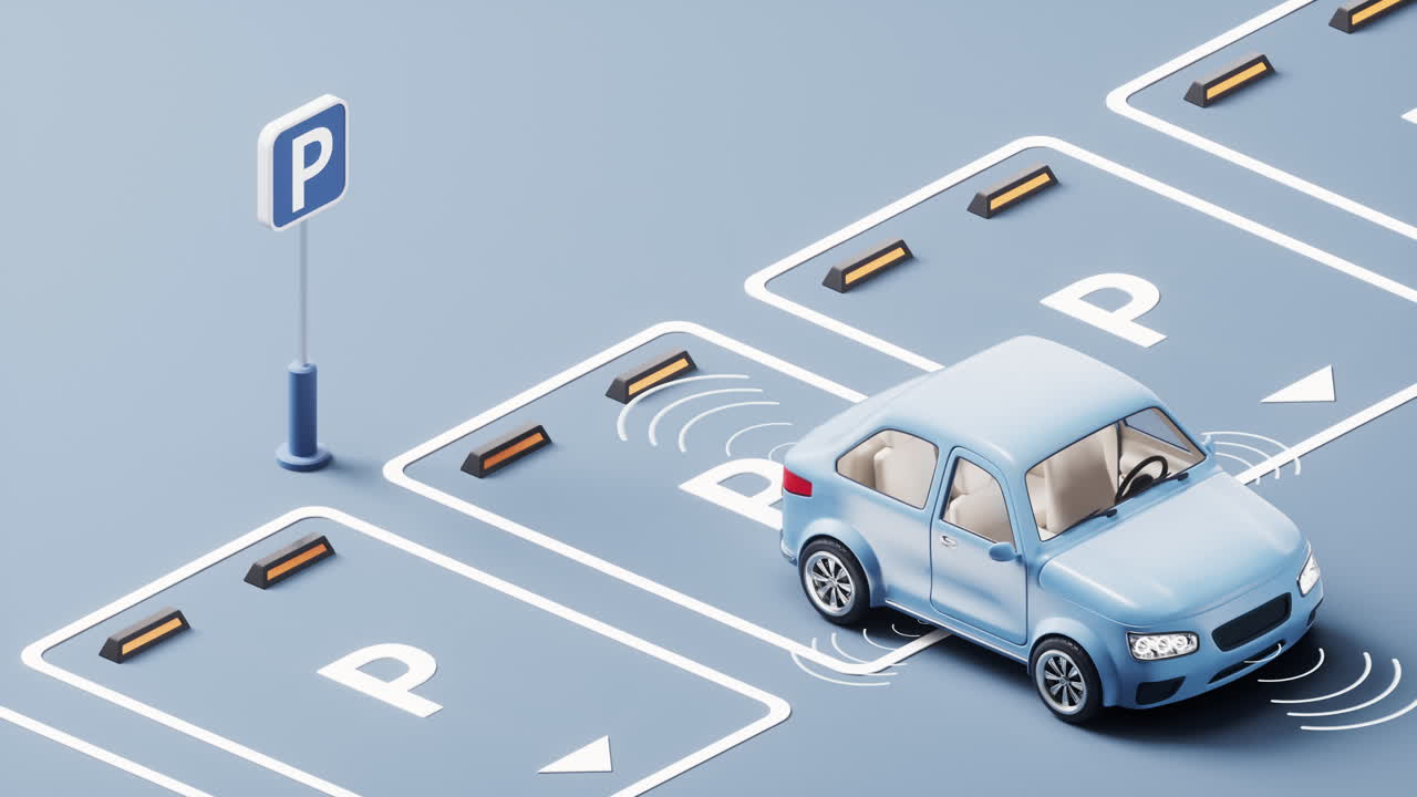 자동차가 주차장에 자동으로 주차되는 3d 렌더링