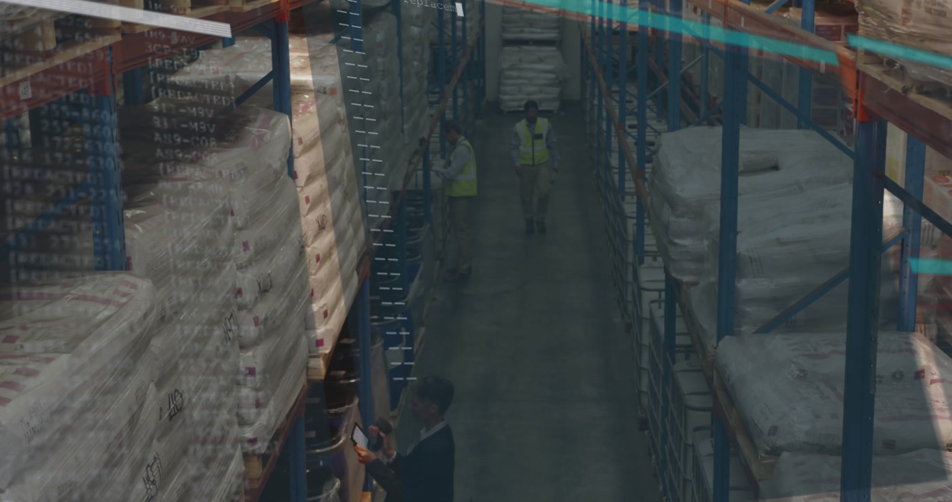 Woman inspecting inventory in warehouse with animated charts showing stock levels moving racks