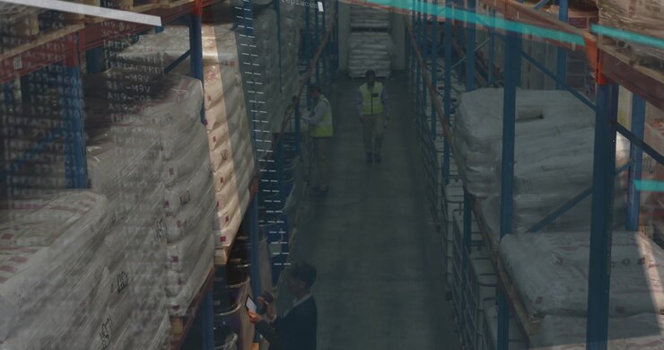 Woman inspecting inventory in warehouse with animated charts showing stock levels moving racks