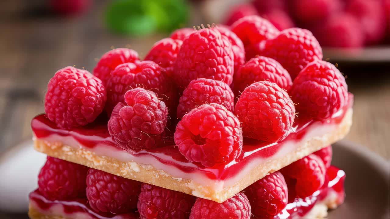 Two slices of delicious raspberry cake stacked on a plate, showing fresh raspberries, pastry cream and jelly, creating an inviting and appetizing dessert presentation