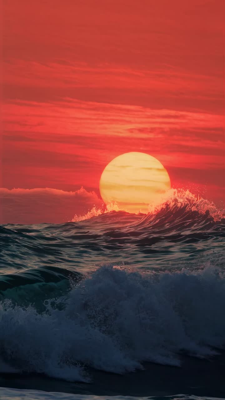 Dramatic sunset over ocean waves captured from a low angle, emphasizing the vibrant sky and dynamic