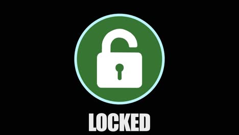 elemento gráfico de movimiento inteligente de un logotipo de seguridad de sistema circular con candado, siendo pirateado y desbloqueado, pasando de rojo a verde, con texto desbloqueado bloqueado, sobre un fondo negro