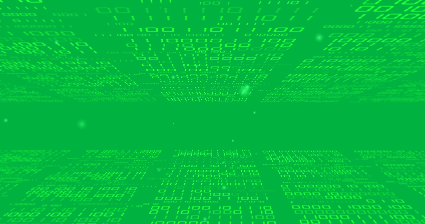 Animatie van groene lichtvlekken en terugwijkende binaire gegevensverwerking op een transparante achtergrond.