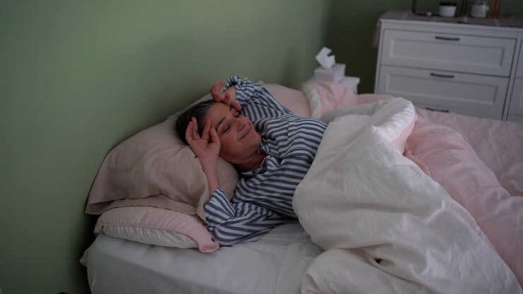 Cheerful mature woman waking up and putting on eyeglasses
