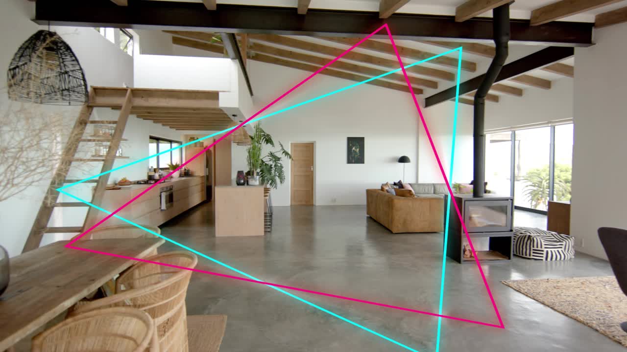 Cyan guide line appearing, cyan and magenta triangles sliding and rotating, revealing right area