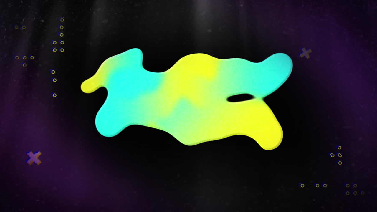 Animation of blue and yellow blobs over dots, crosses and data processing on black background