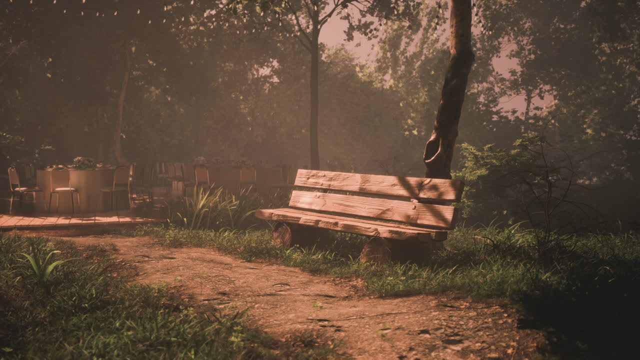Bangku kayu yang damai di taman yang tenang dikelilingi oleh hijaunya pepohonan.