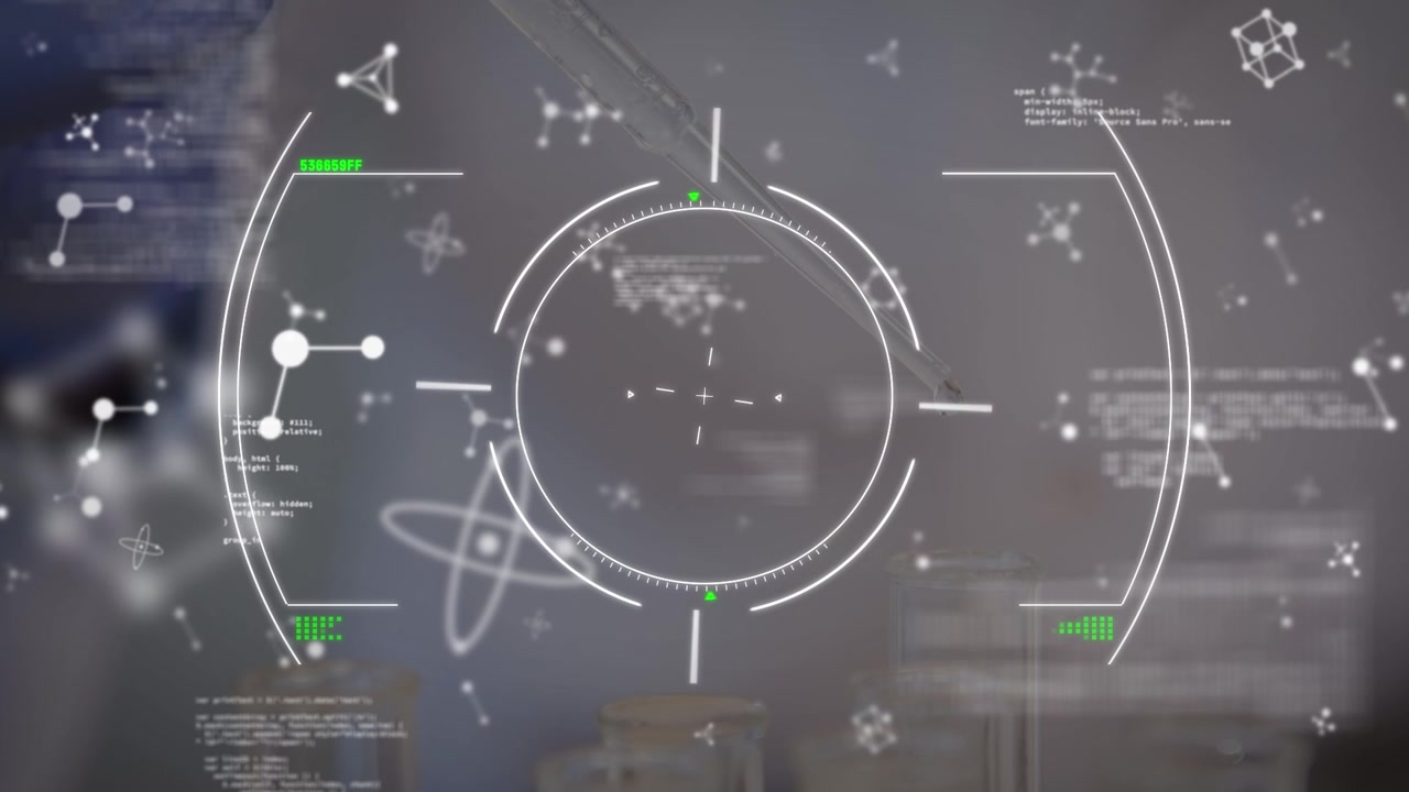 Animation of viewfinder, molecules and data over microscope