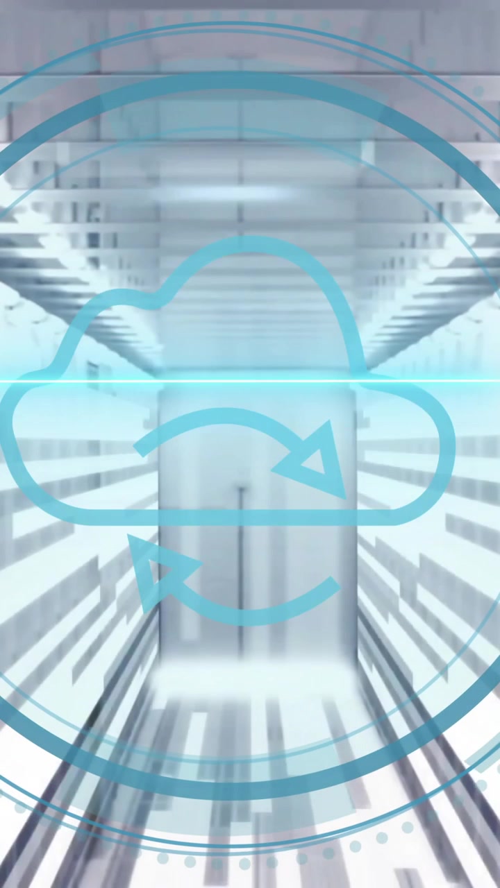 Animation of white lines and digital cloud over server room