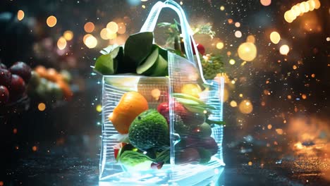 a bag of fruit is displayed in a store window. the fruit includes apples, oranges, and tomatoes. the bag is transparent, allowing the fruit to be seen through it. concept of freshness and abundance