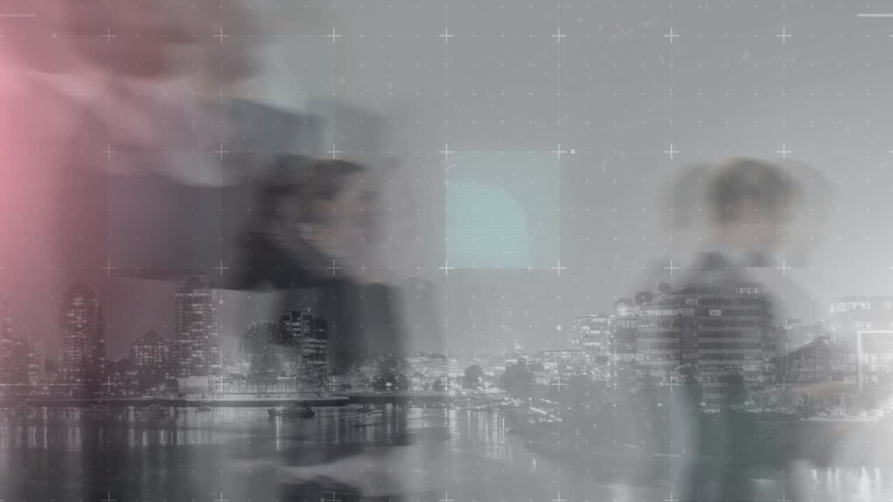 도시 풍경 위에서 빠른 속도로  ⁇ 고 있는 사업가들의 애니메이션