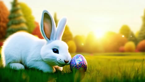 el conejo blanco se sienta en un césped a la luz cálida del sol poniéndose, un huevo de pascua decorado a su lado