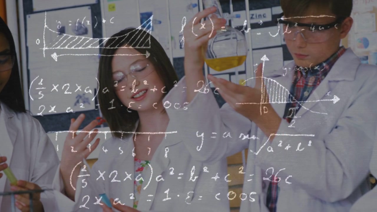 Students in lab coats, goggles raising yellow flask, causing graph overlay for science analysis
