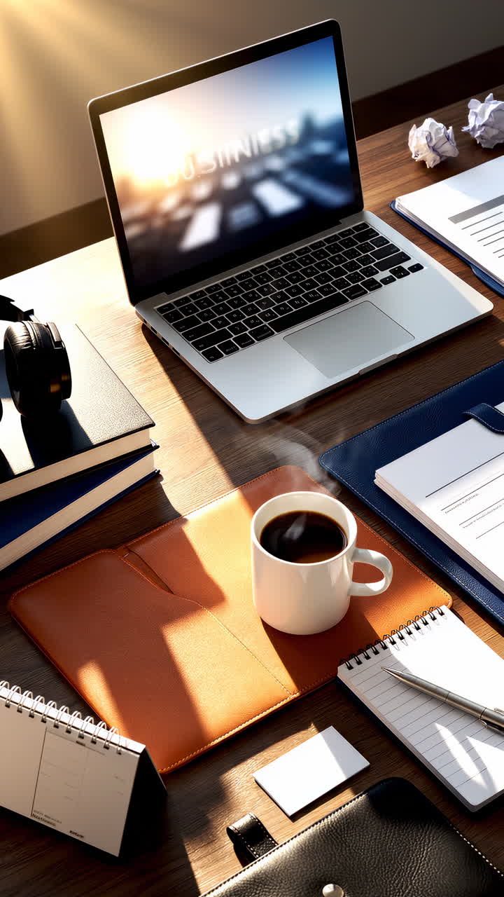 Productive Desk Setup with Laptop and Steaming Coffee in Sunlight