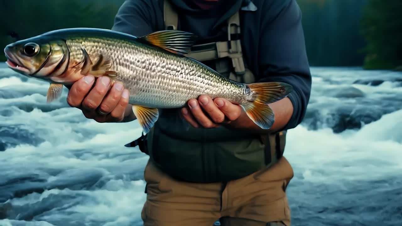 강에서 시를 하면서 잡은 오징어를 들고 있는 남자