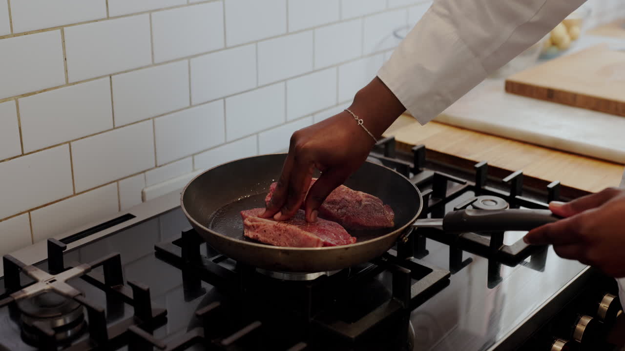 Cooking steak in the kitchen