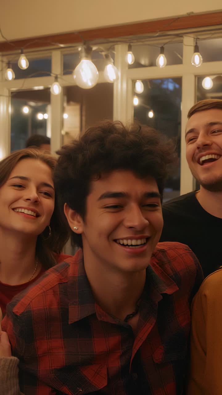 Video verticale: una telecamera nascosta riprende un uomo in plaid che posa e sorride sotto le luci di una finestra