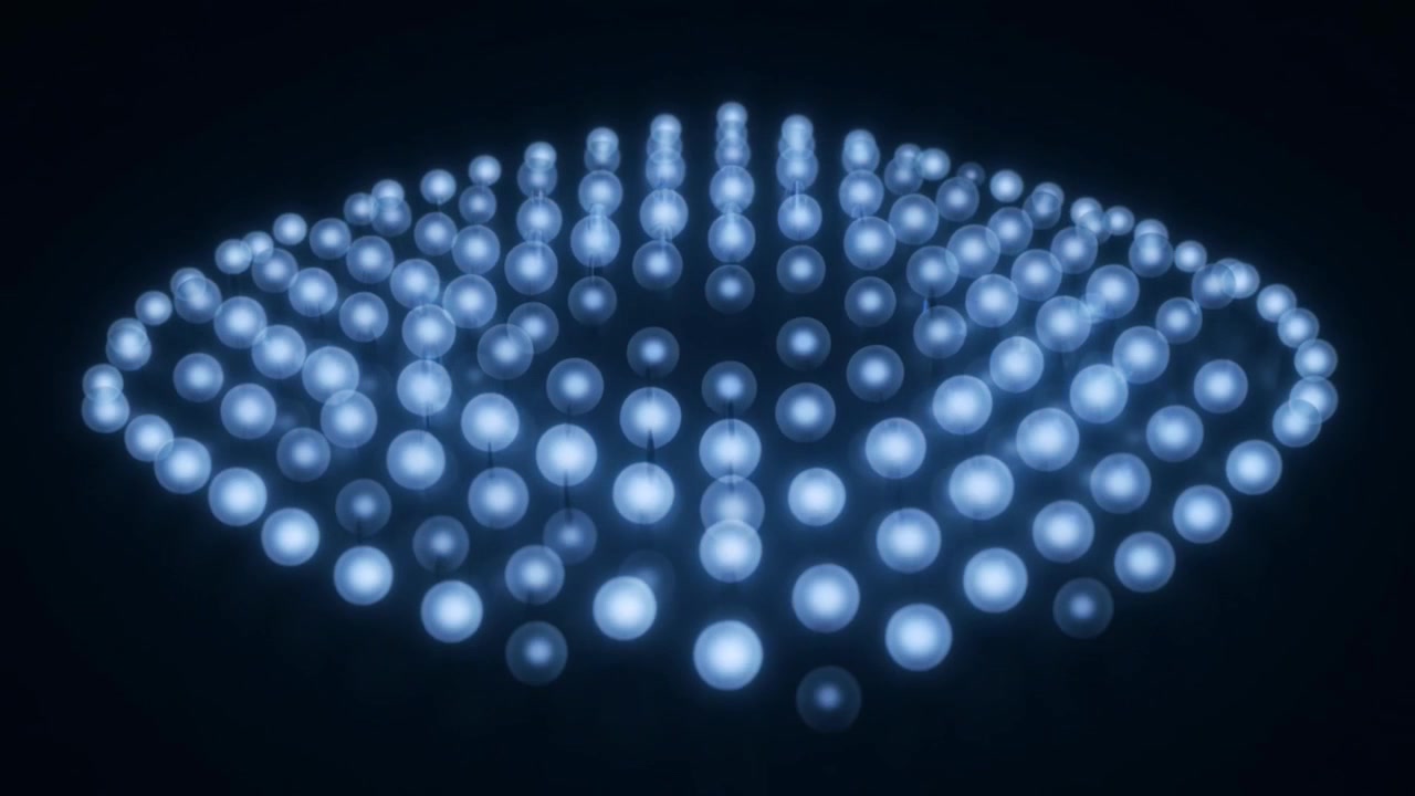Abstract Blue Glowing Spheres Pulsating in a Grid
