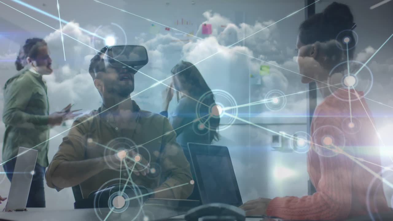 Animation of network of connections over diverse business people with vr headset