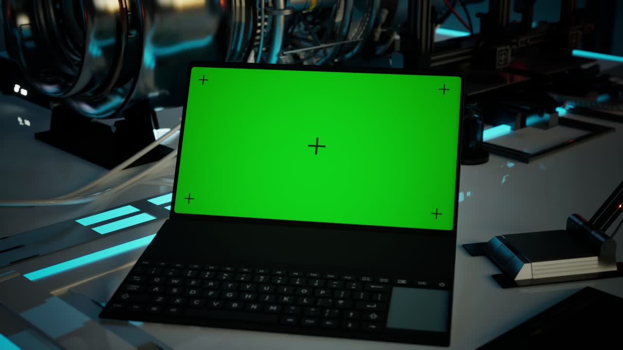 Chroma Key On Laptop Display With Generated Engineering Turbine In Lab. Aircraft Engine Animation