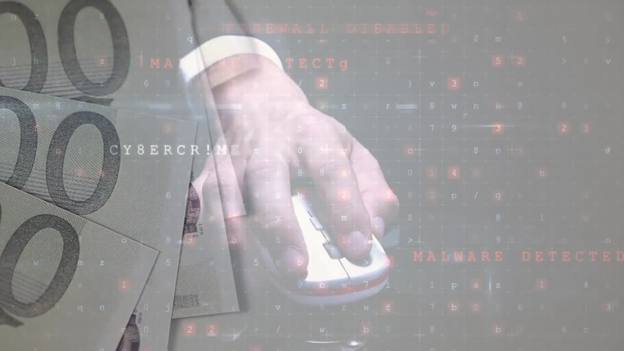 컴퓨터와 지폐를 사용하여 사람 위에 움직이는 데이터 처리의 애니메이션