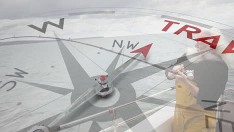 compass with travel text animation over person fishing on boat