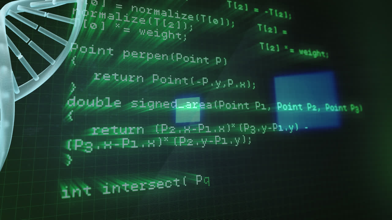 animación de cadena de adn giratoria sobre procesamiento de datos y globo