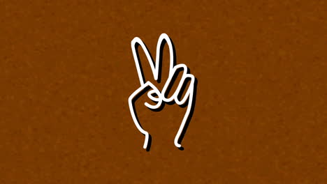 animation of white neon peace sign hand, on brown background