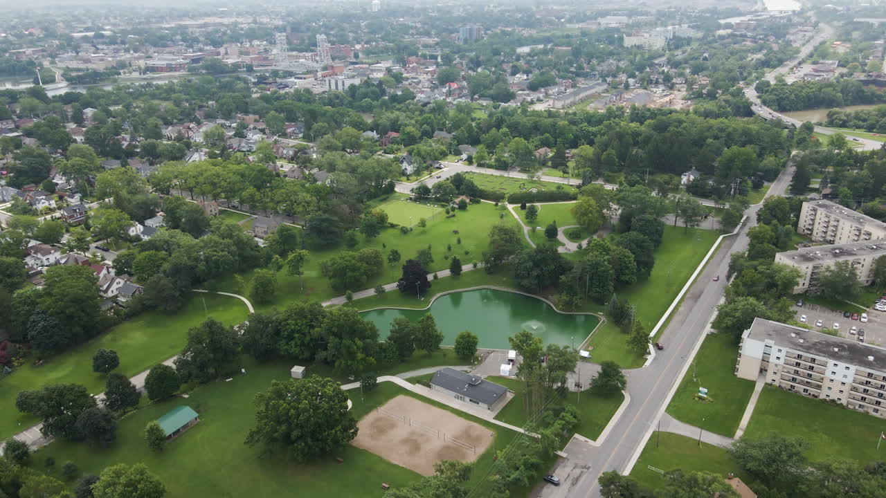 Aerial bird's eye view above beautiful green space park in Chippawa Welland