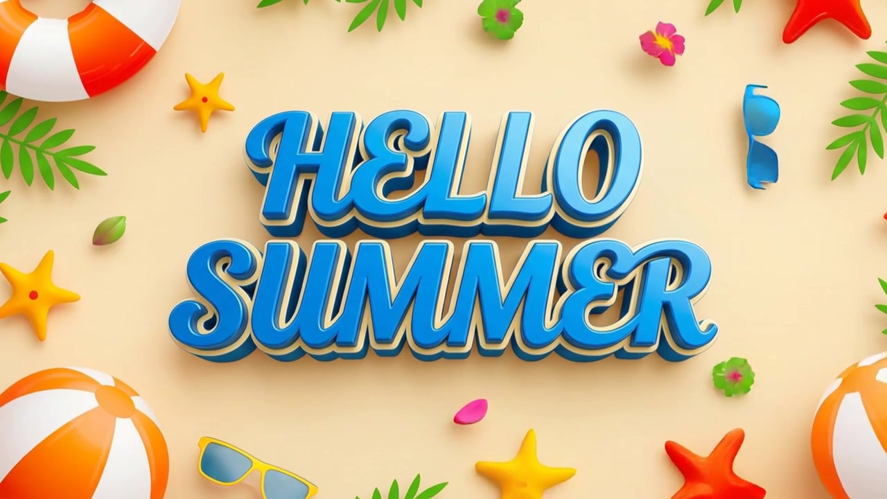 Hello Summer 3D Text Animation with Beach Elements