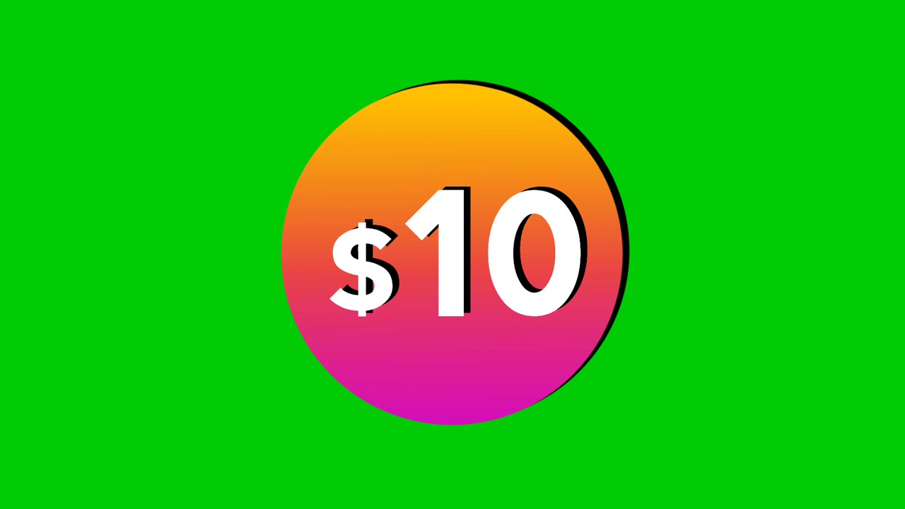 Animazione di un cartellino del prezzo di 10 dollari in grafica in movimento circolare colorata su sfondo green screen. Perfetto per annunci pubblicitari, e-commerce, vendita al dettaglio, sconti e come elemento video per concetti aziendali di promozione.
