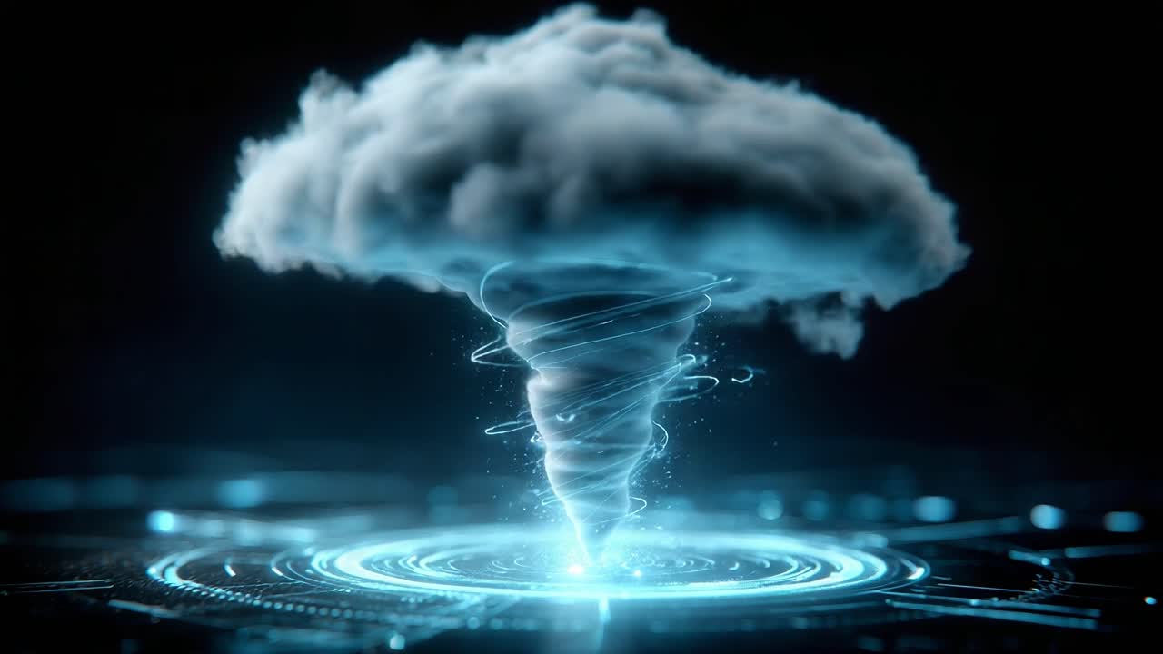 A mesmerizing digital visualization of a swirling tornado composed of ethereal clouds and light, showcasing the dynamic forces of nature in a captivating animated scene