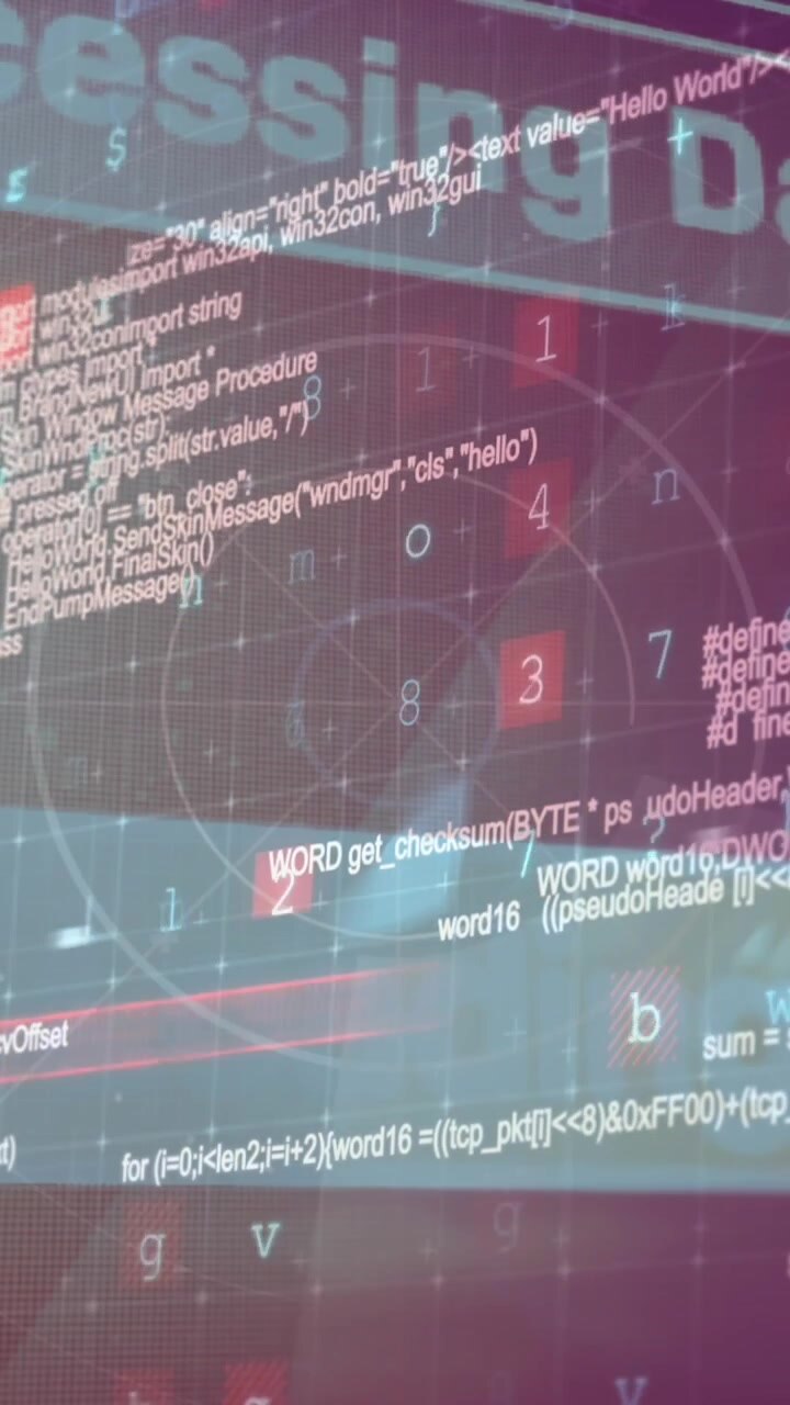 Animation of computer language over multiple texts, symbol, letters, numbers against radar