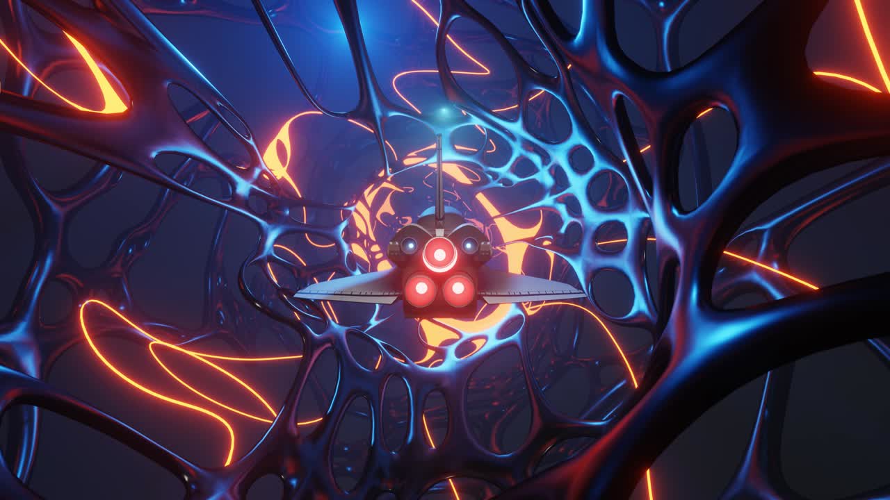 nave espacial volando a través de moléculas orgánicas flotando en el espacio