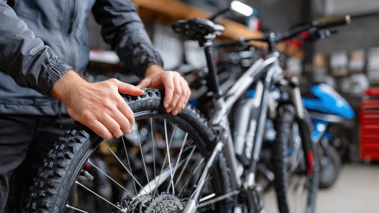 An Enthusiast Working on a Mountain Bike: Hands Adjusting the Tire in a Workshop Filled with Tools and Equipment for Cycling Maintenance