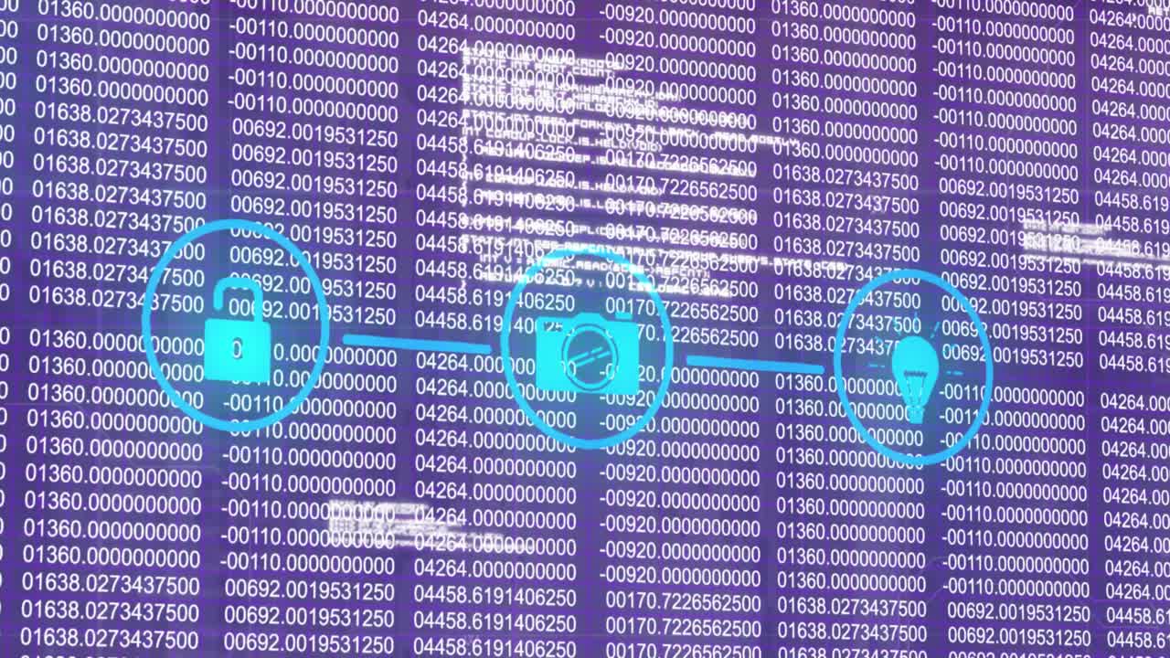 Animation of media icons and binary coding over data processing