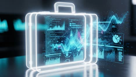 futuristic briefcase displaying data visualizations and analytics with dynamic graphs and charts representing business intelligence in a digital space