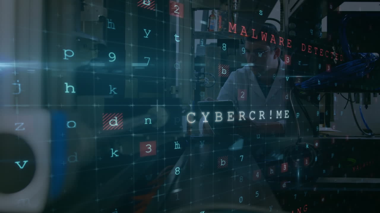 Animation of cyber attack warning over woman with man using computer