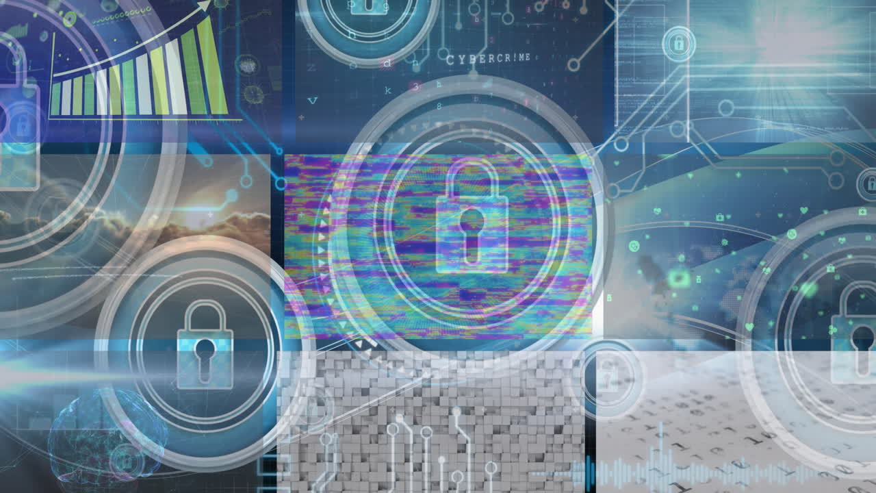 animación de redes de conexiones, candados de seguridad y procesamiento de datos en pantallas