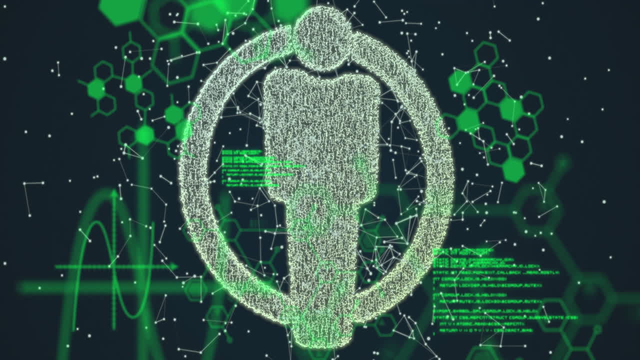 animación de un icono humano sobre datos científicos y conexiones