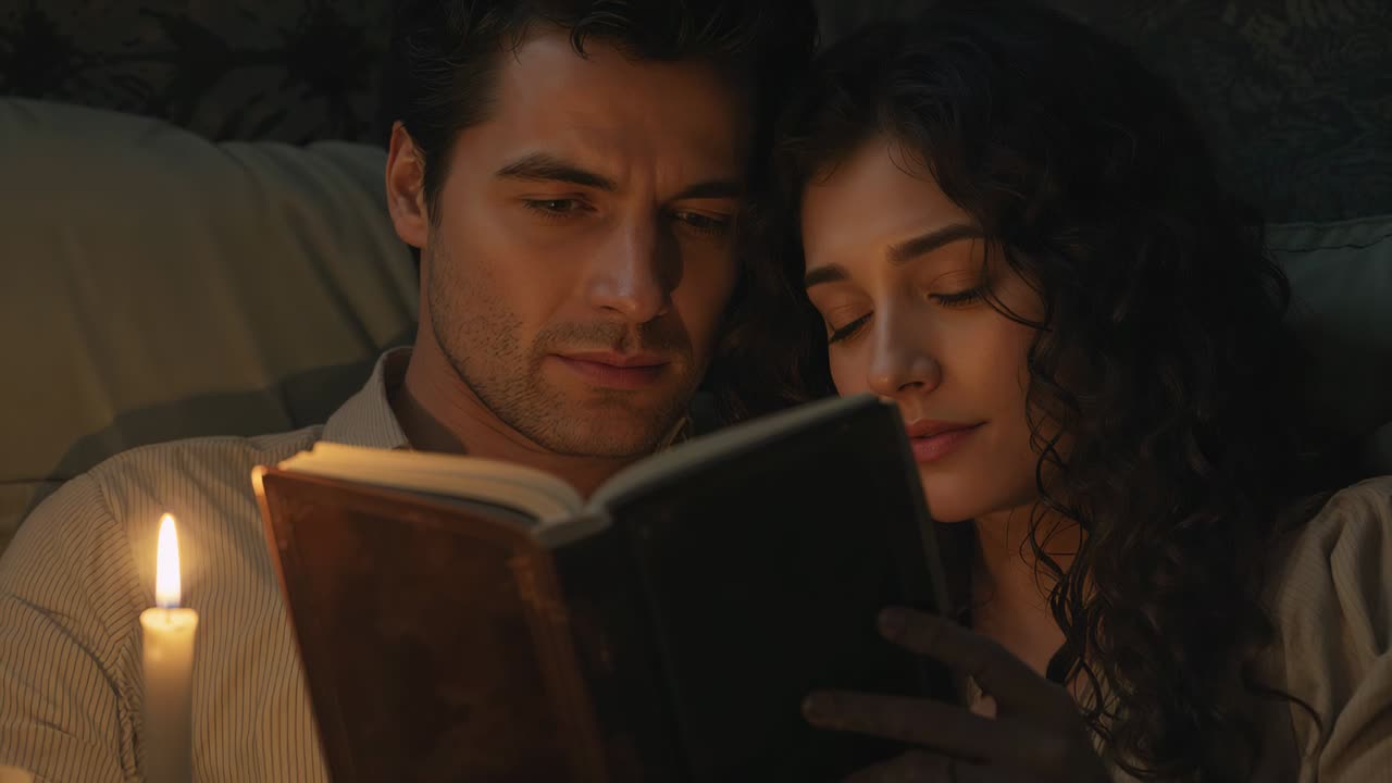 Opening book, couple reading on sofa, candle, hands on book, in loungewear, seeking closeness