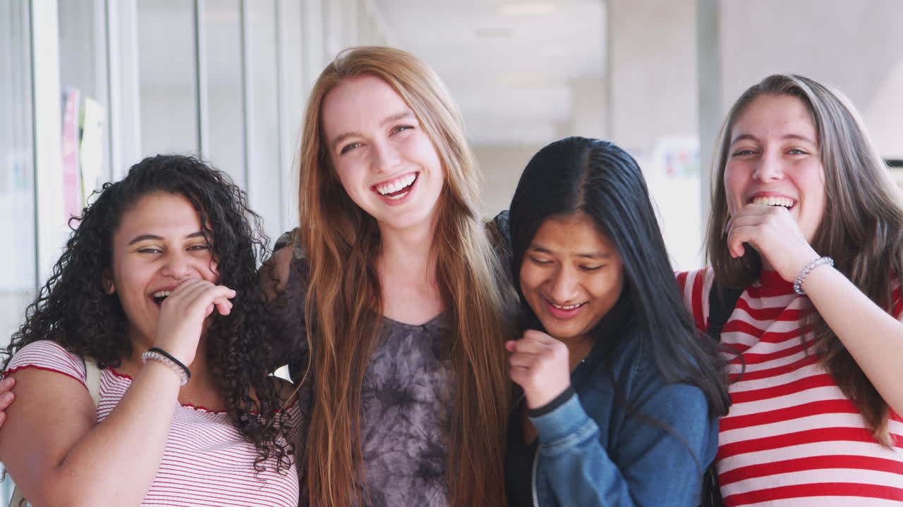 건물 의 복도 에서 미소 짓는 여자 대학생 친구 들 의 초상화